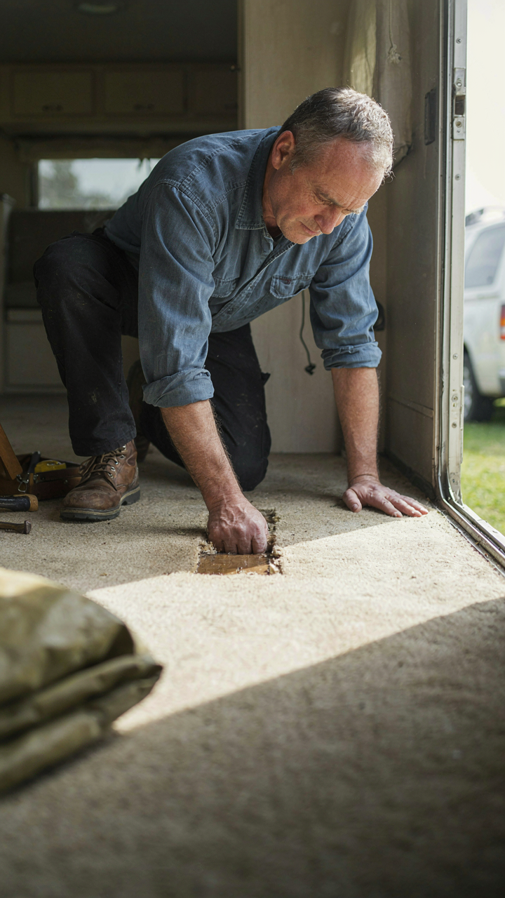 A finger pokes through a visibly soft and squishy camper subfloor.