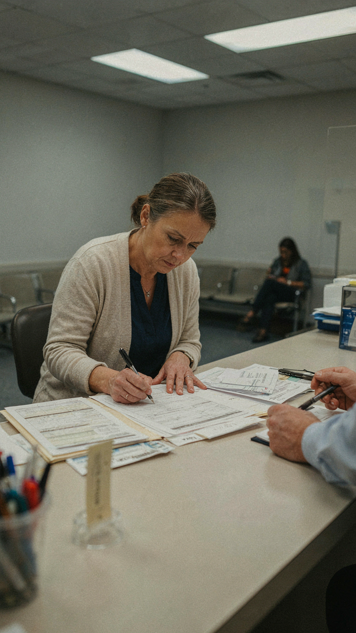 A person fills out registration forms at a DMV counter with official documents.