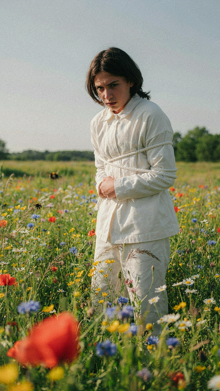 A person in a straitjacket in a meadow, struggling against their restraints.
