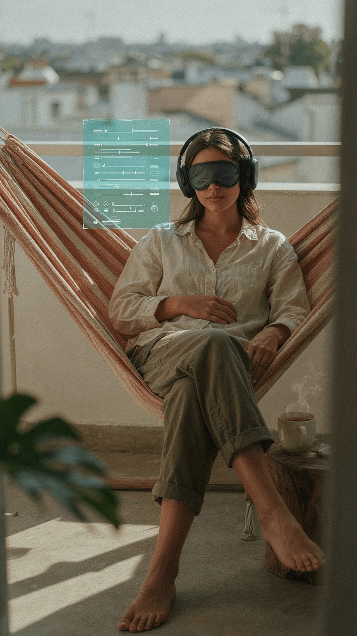 A person in a hammock with headphones and eye mask, managing sensory input.
