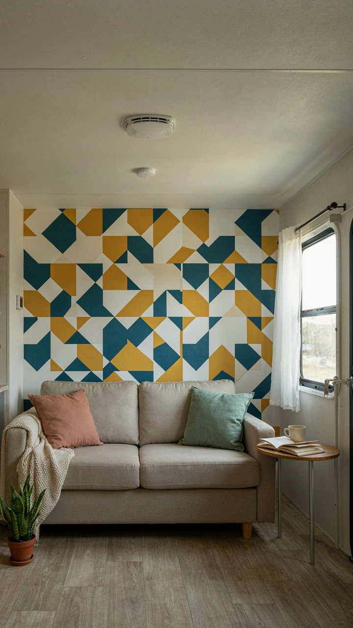 A vibrant peel and stick accent wall in an RV highlights an inexpensive sofa.