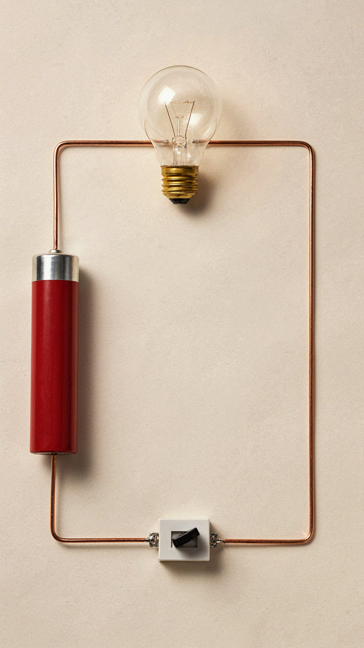 A clear diagram of a closed electrical circuit with a battery and light bulb.