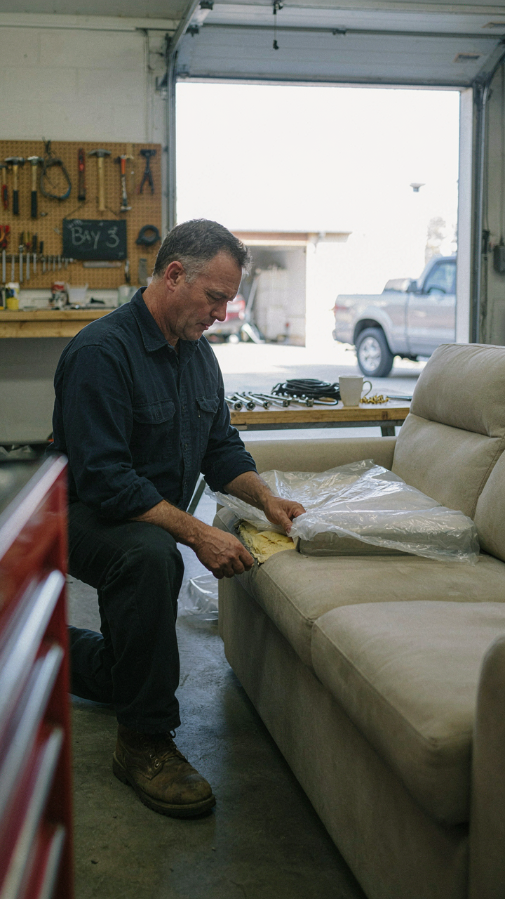 A mechanic assesses a broken RV couch part next to a new replacement.