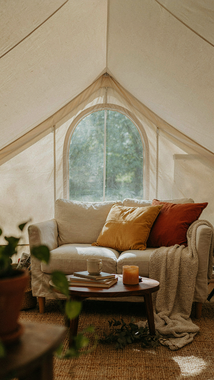 A tent has a cozy living room setup with blankets and pillows.