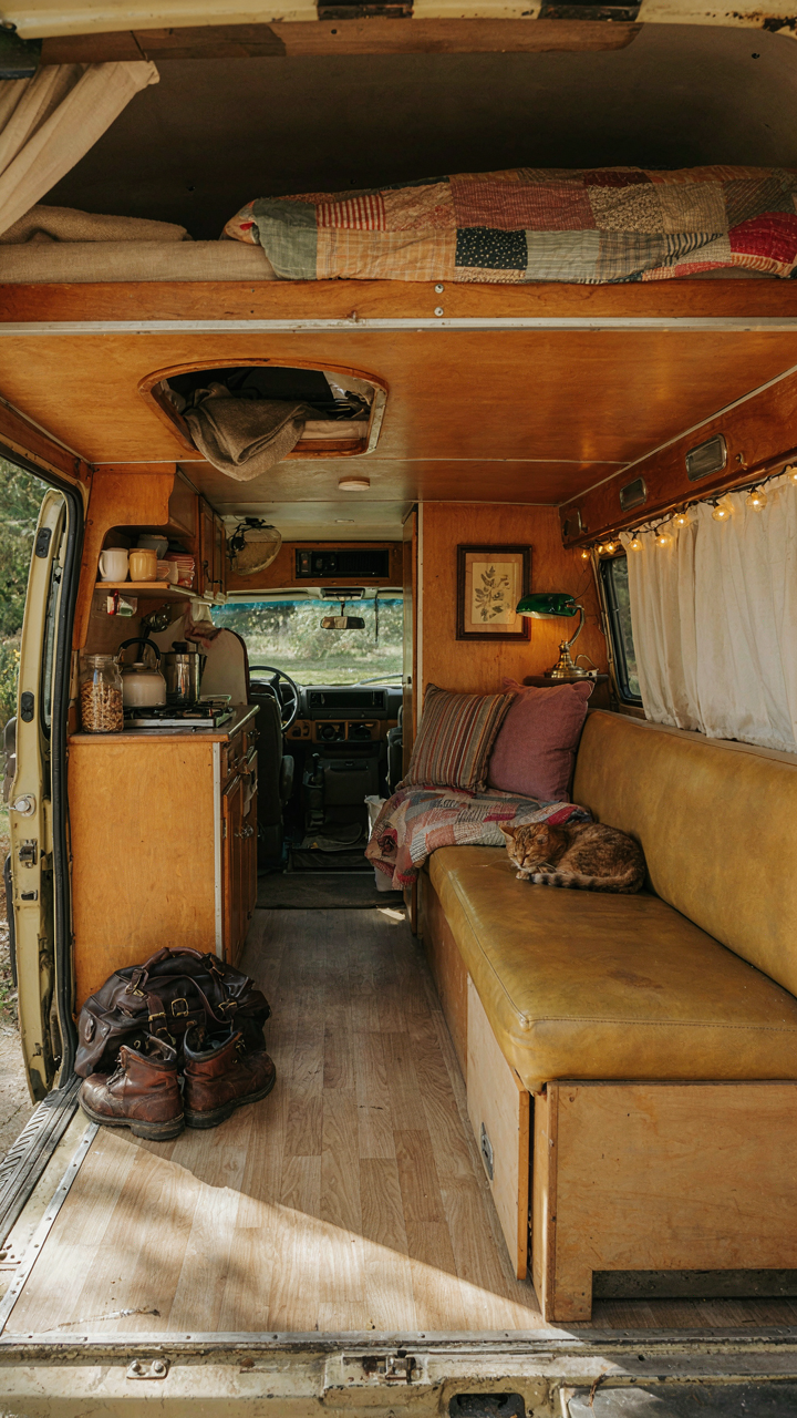 A unique, custom-designed interior of a vintage camper awaits a buyer.
