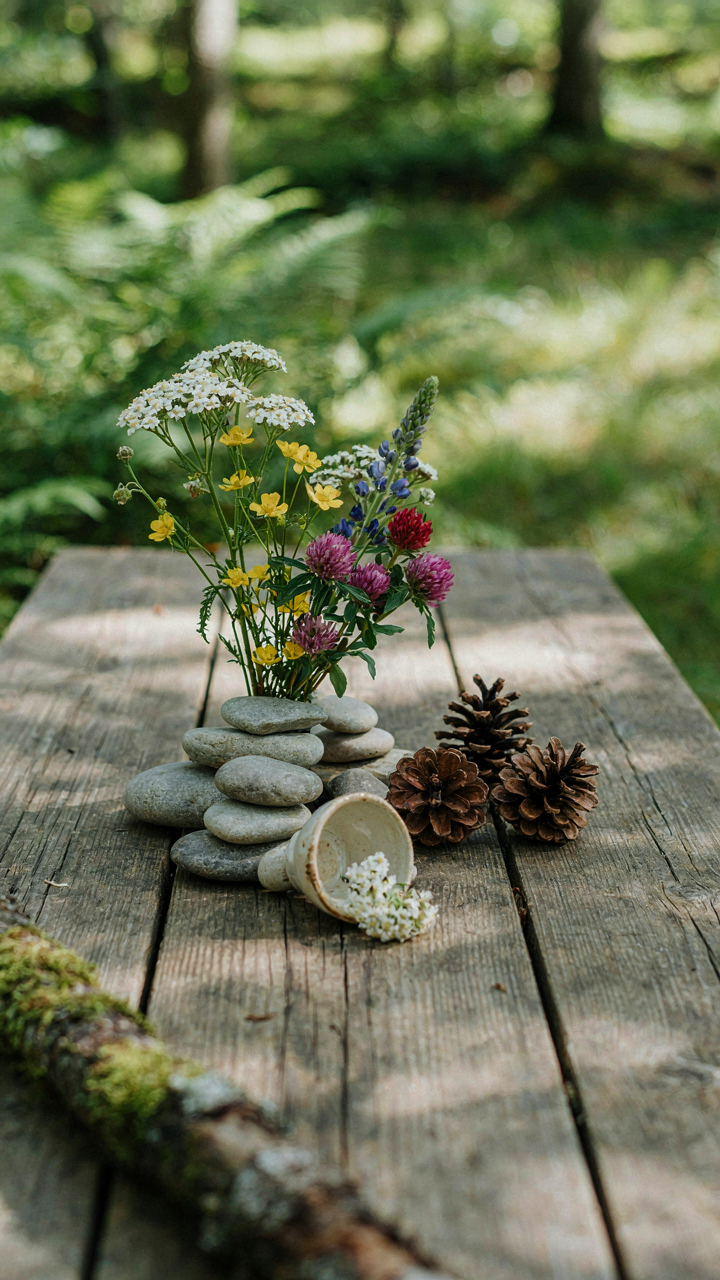 A rustic outdoor table decorated with wildflowers and natural elements.