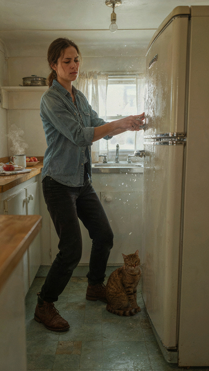 A person looks frustrated with an old, iced-over refrigerator in a small vintage camper kitchen.