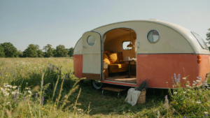 A refurbished vintage camper with a brightly painted exterior sits in a sunny field.