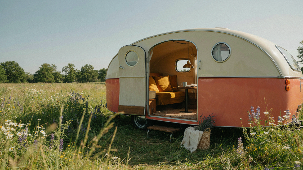 A refurbished vintage camper with a brightly painted exterior sits in a sunny field.