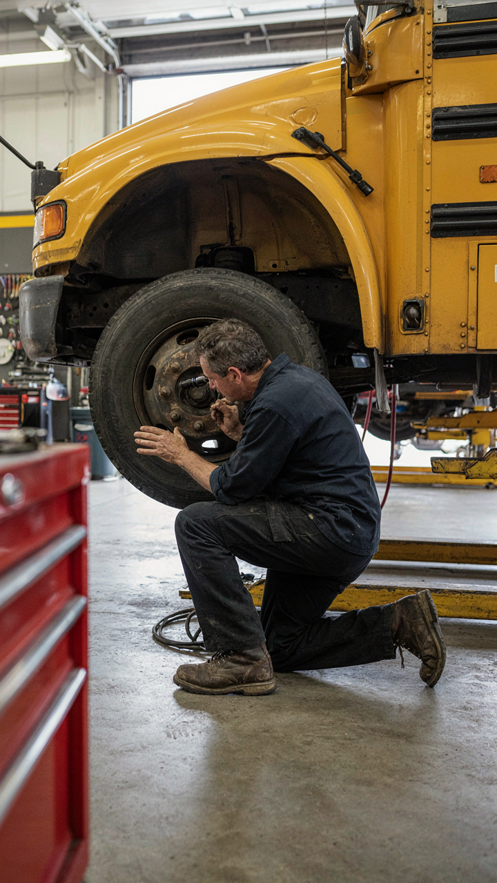 A mechanic inspects the brakes and tires of a school bus.