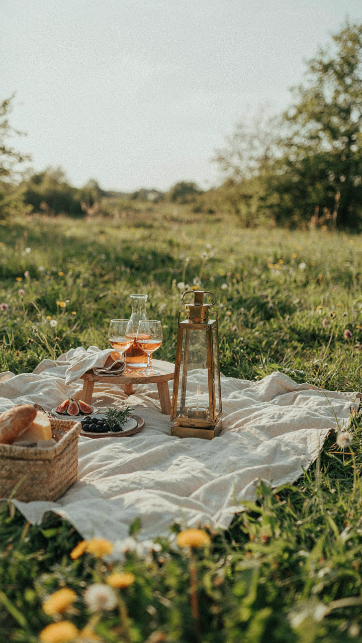An elegant lantern casts a warm glow on a simple romantic picnic setting.