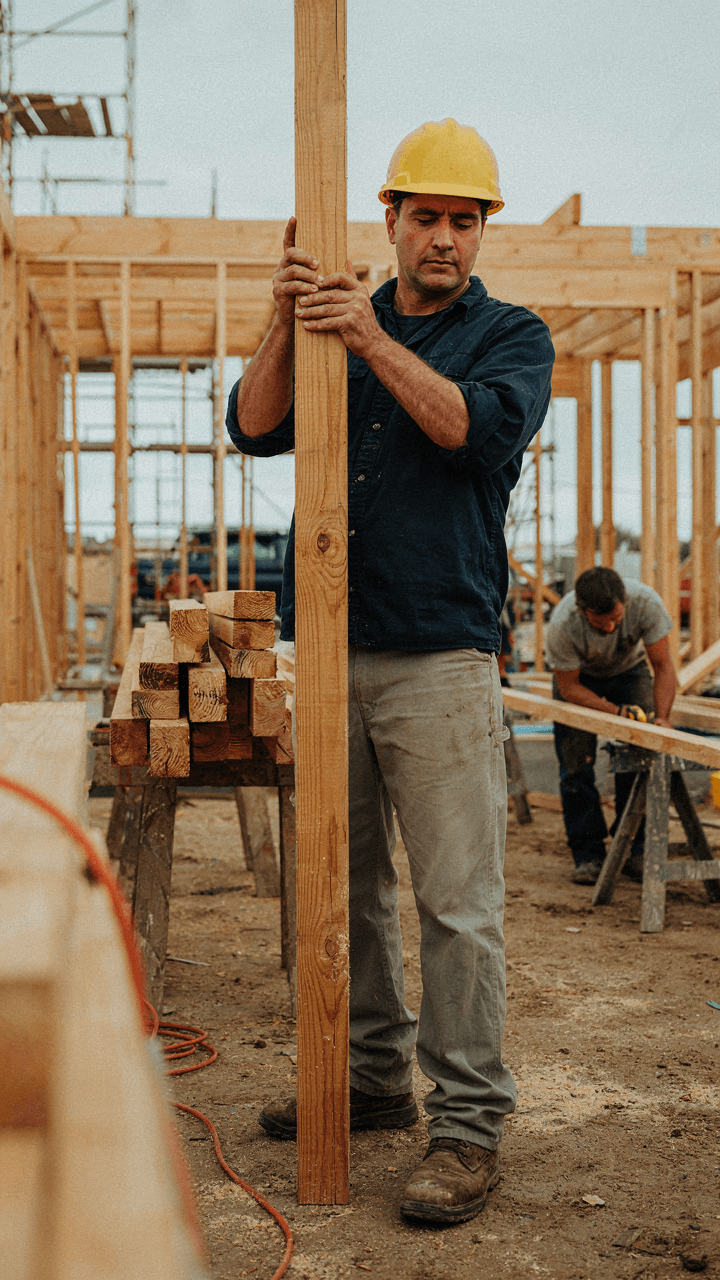 A worker selects a strong wooden beam for construction.