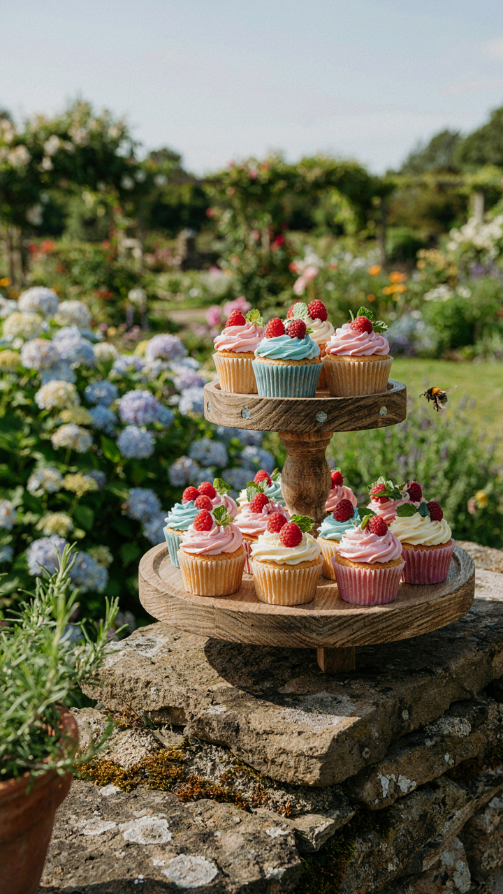 A rustic outdoor cupcake display made from treated wood and stone.