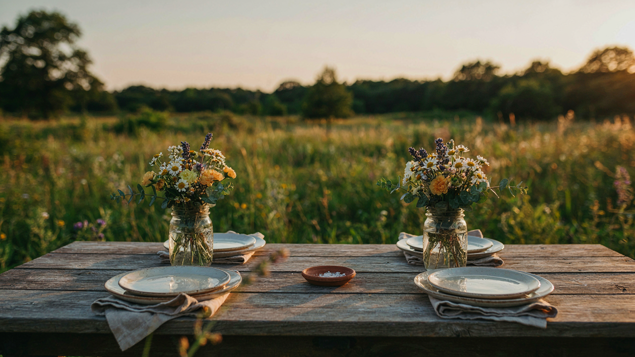 A rustic outdoor table setting at sunset with wildflowers and mason jars.