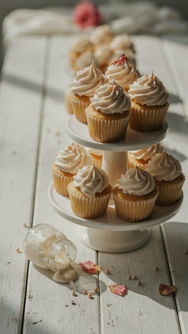 A wedding cupcake display with melted frosting on some cupcakes.