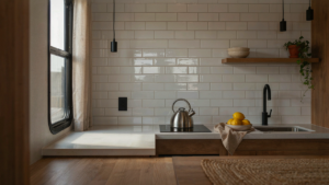 A bright, modern RV kitchen with a reflective backsplash and sunlight streaming in.