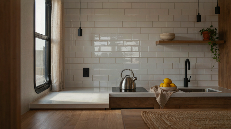A bright, modern RV kitchen with a reflective backsplash and sunlight streaming in.