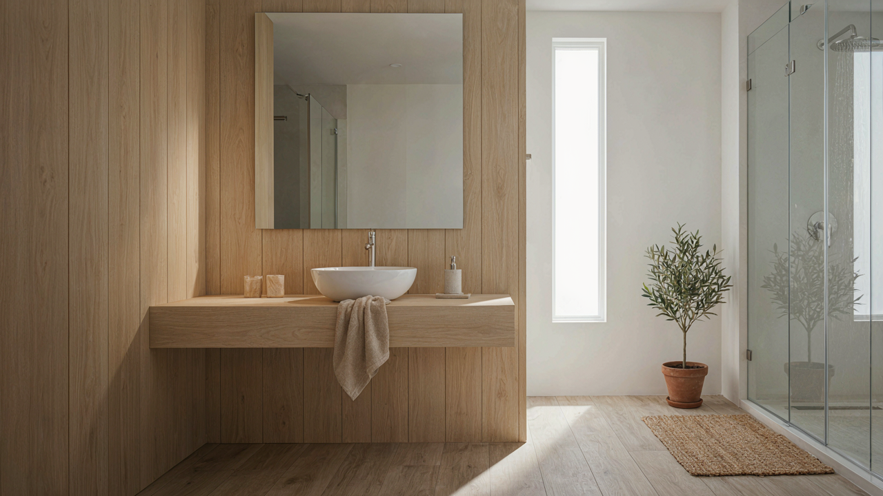 A modern RV bathroom with wood details, a glass shower, and a large mirror.