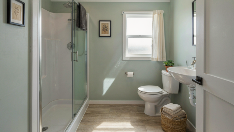 A tiny RV bathroom, perfectly organized with compact storage solutions.