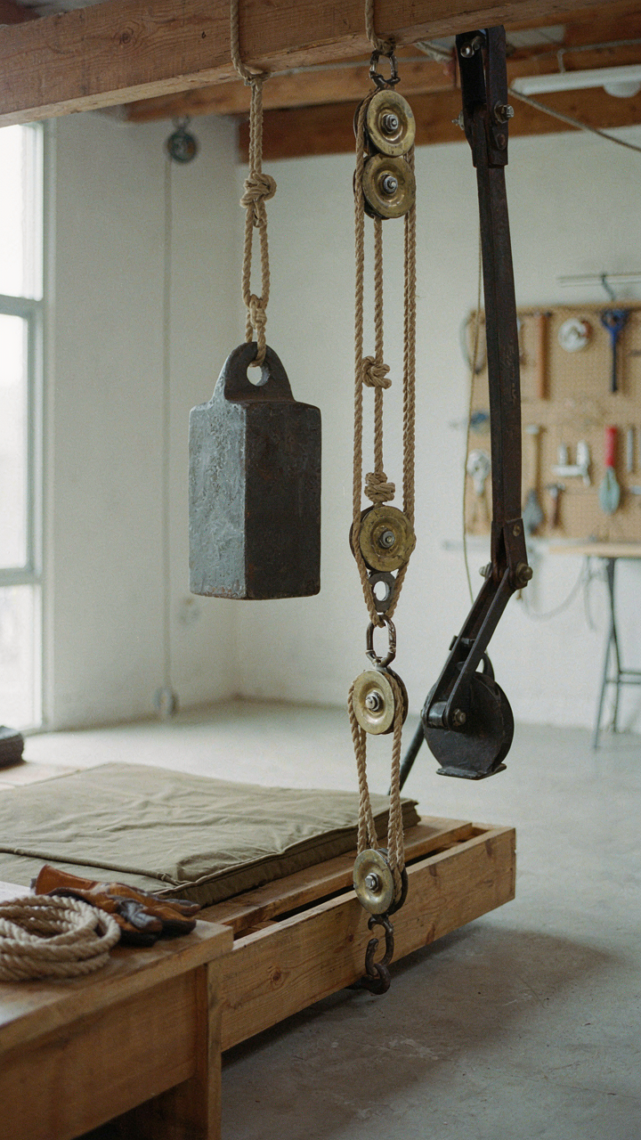 A system of pulleys and levers lifts a heavy weight.