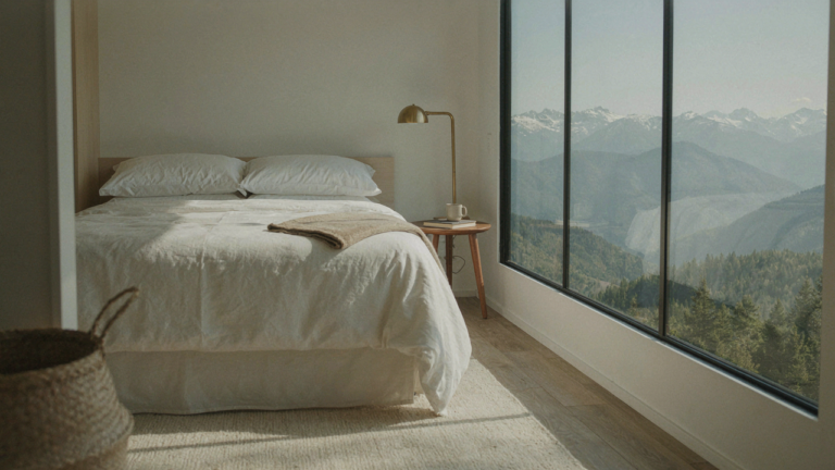 A clean, bright RV bedroom with a mountain view, showcasing a modern rv bedroom makeover.