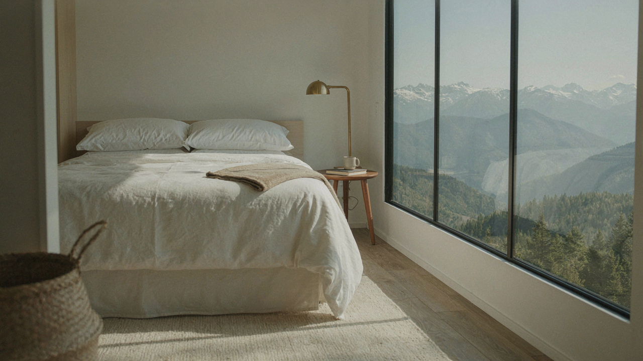 A clean, bright RV bedroom with a mountain view, showcasing a modern rv bedroom makeover.