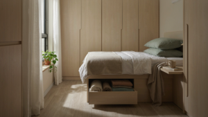 A tidy RV bedroom shows clever storage maximizing space.