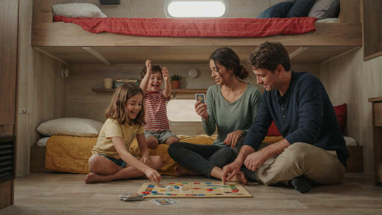 A family plays a game in a bright, organized RV bunk room.