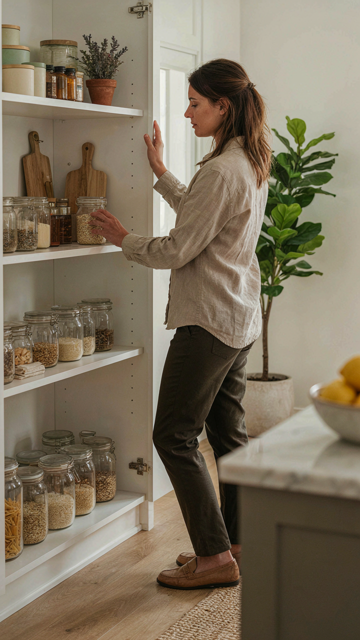 A person easily reaches for an item from a cabinet shelf.