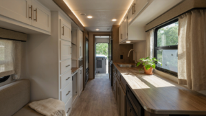A bright RV interior with freshly painted cabinets and new handles, looking clean and modern.