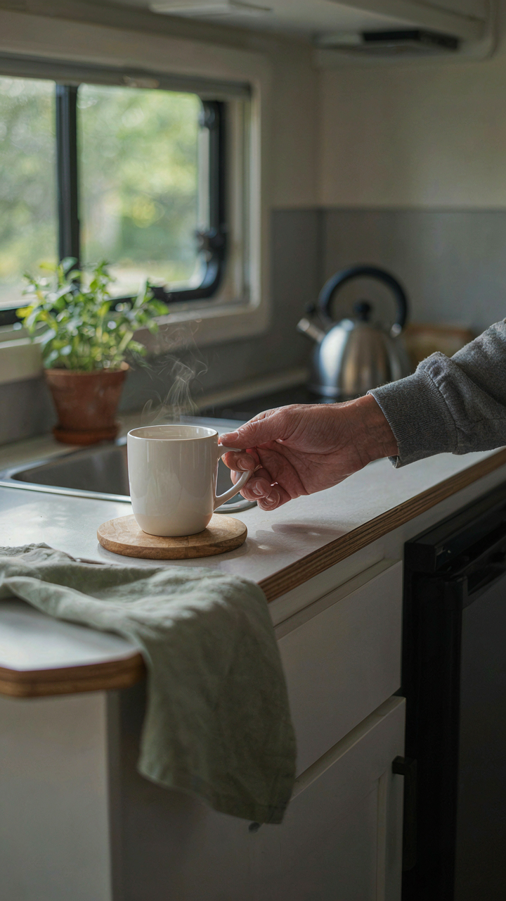 A person reaches for a coffee mug in a neat RV kitchen.