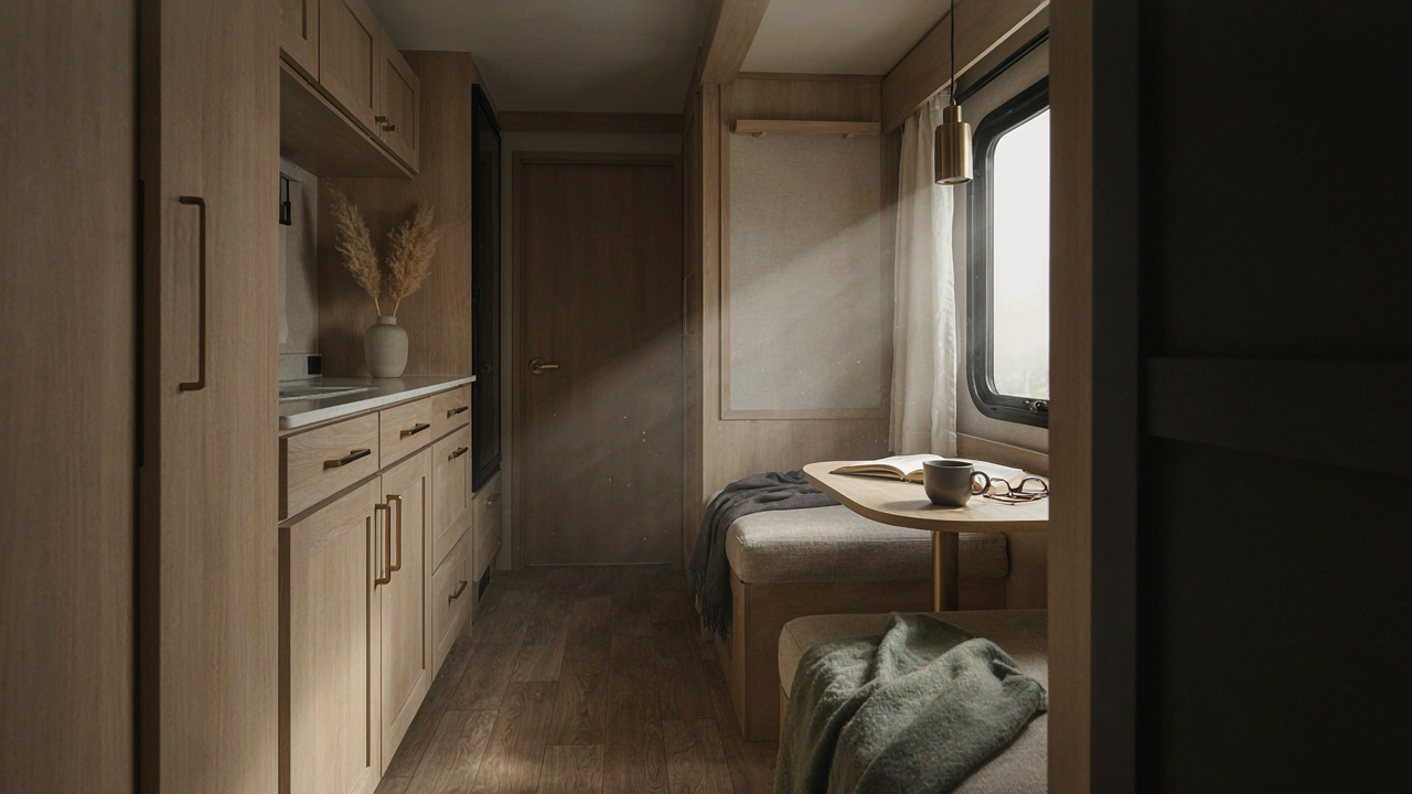 A sparkling clean, minimalist RV interior showing an organized living space.