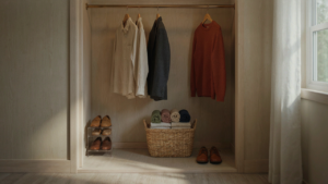 A tidy RV closet with clothes hanging in an organized way.