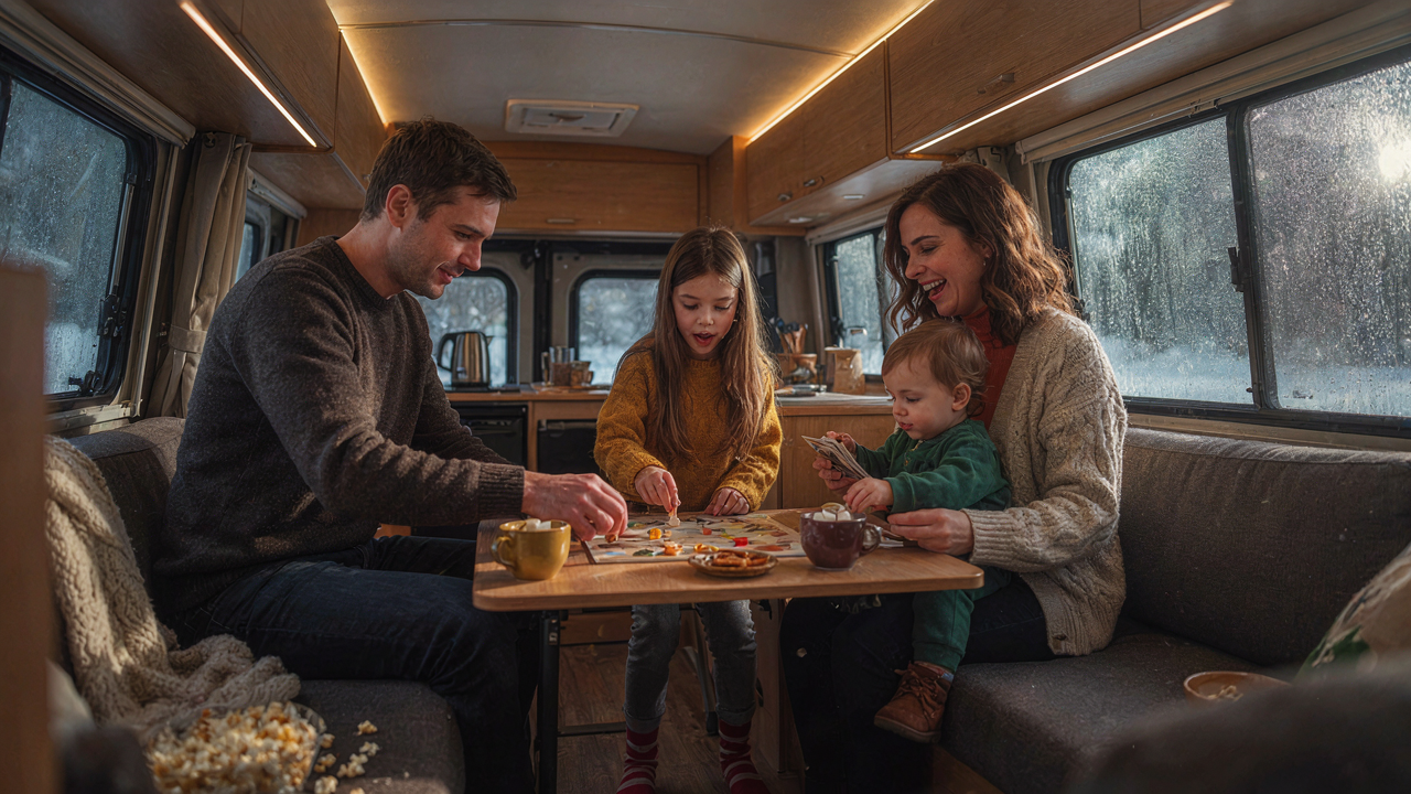 A family plays board games inside a warm RV in winter, despite some window condensation.