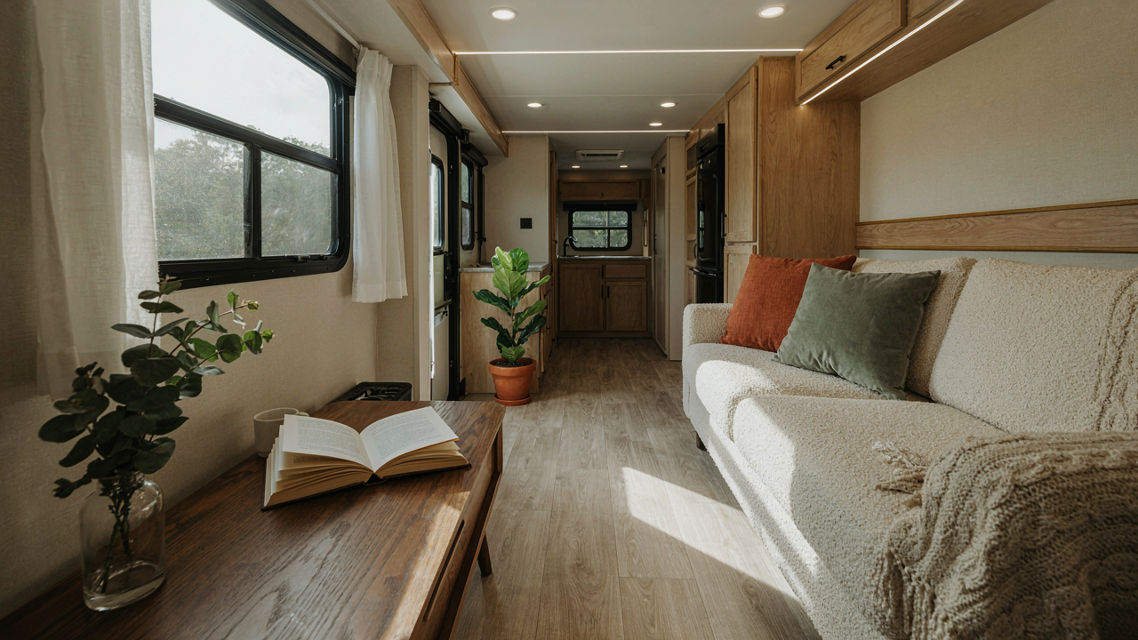 A modern and inviting RV interior with a freshly upholstered rv couch.