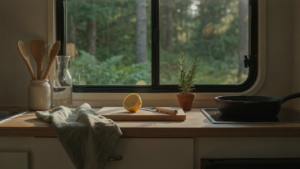 A clean and organized RV kitchen counter with cooking items and a view of the outdoors.