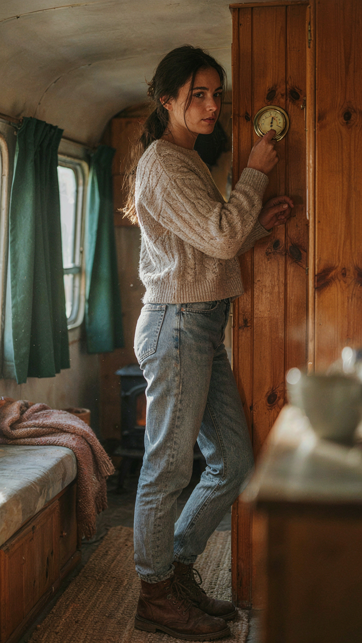 A person adjusts a thermostat in a camper with thick insulated curtains.