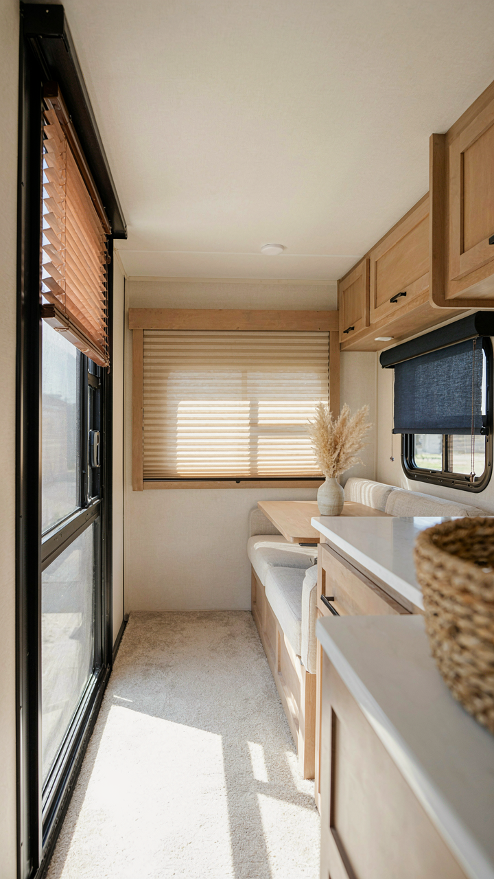 Modern RV window treatments like smart blinds, not just fabric drapes.