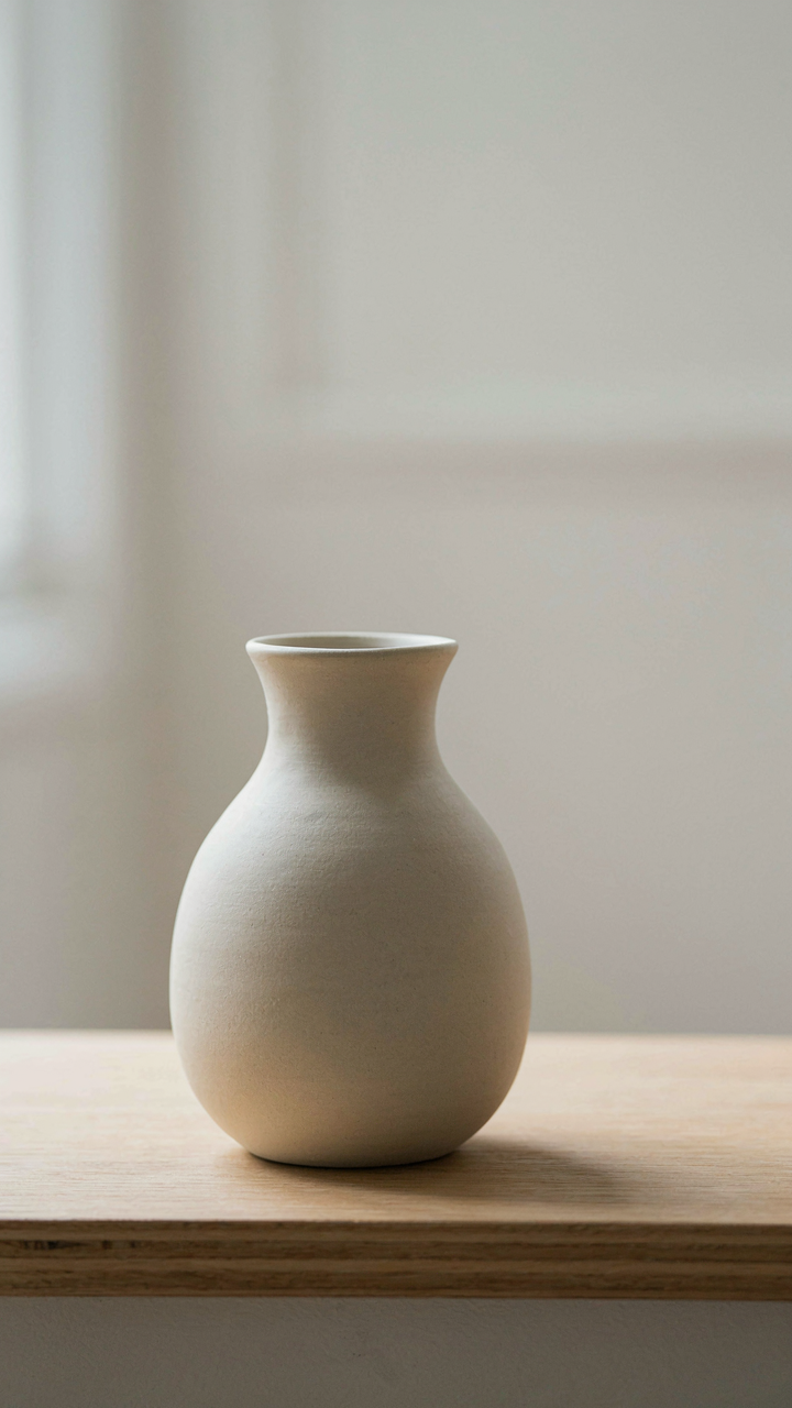 A single, elegant ceramic vase on a clean wooden shelf.