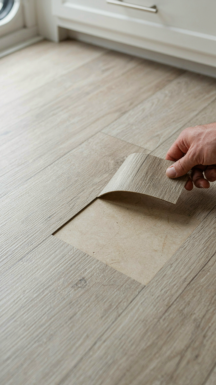A hand easily peels off peel and stick flooring from an RV floor.