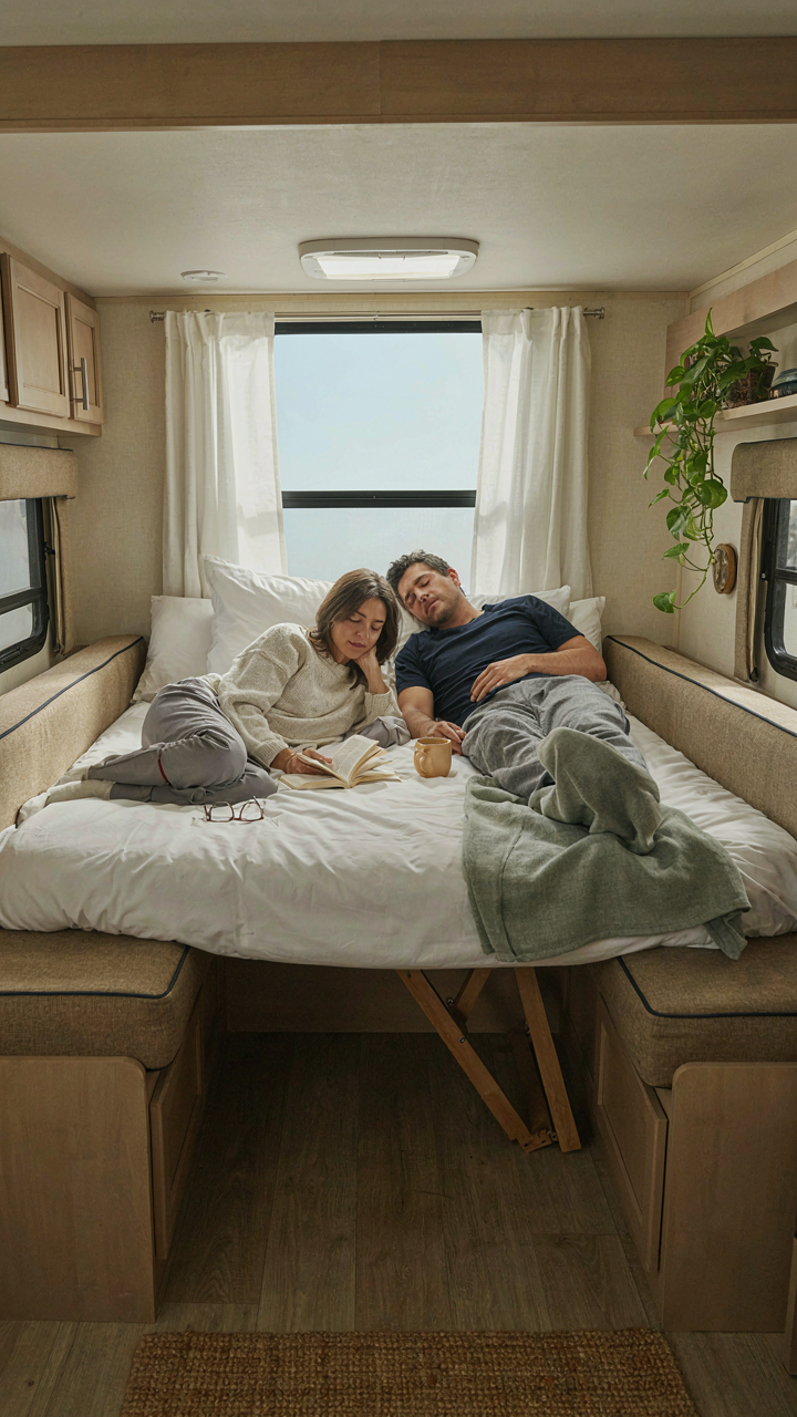An RV dinette table that easily converts into a bed.