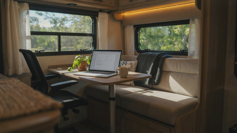 A modern RV dinette makeover with a workspace and comfortable seating.