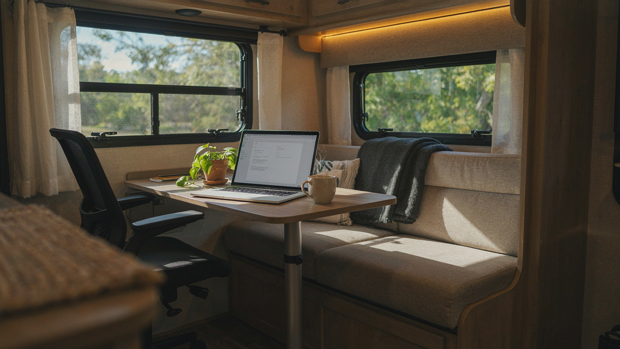 A modern RV dinette makeover with a workspace and comfortable seating.