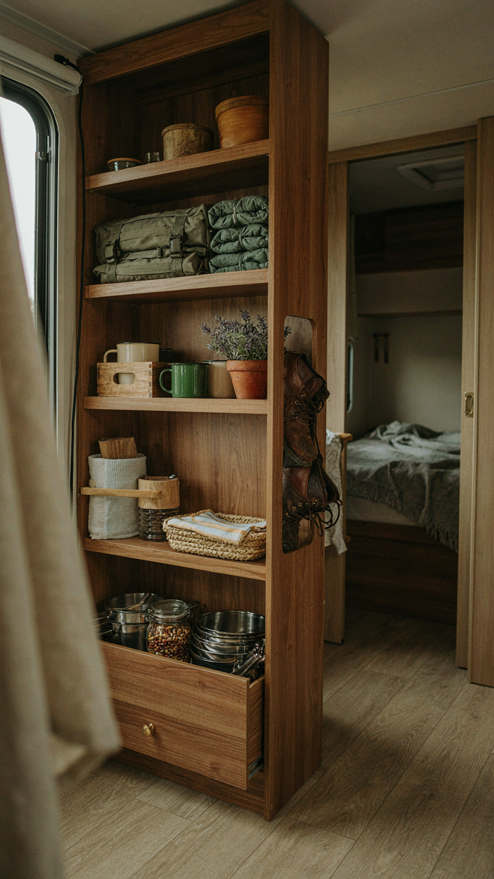 A custom-built RV storage unit filled with camping gear and kitchen items.