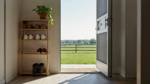 A tidy RV entryway with organized shoes and a plant, leading to the outdoors.