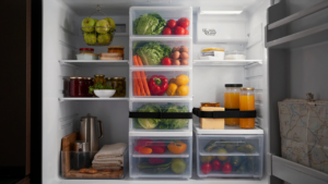 A well-organized RV fridge interior ready for travel, showcasing good rv fridge organization.