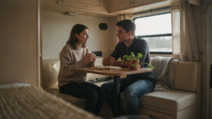 A minimalist RV interior with a couple enjoying morning light and simple rv gadgets.