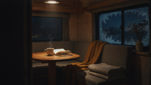 A warm, cozy RV interior on a cold night, showing effective rv heating hacks.