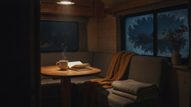 A warm, cozy RV interior on a cold night, showing effective rv heating hacks.