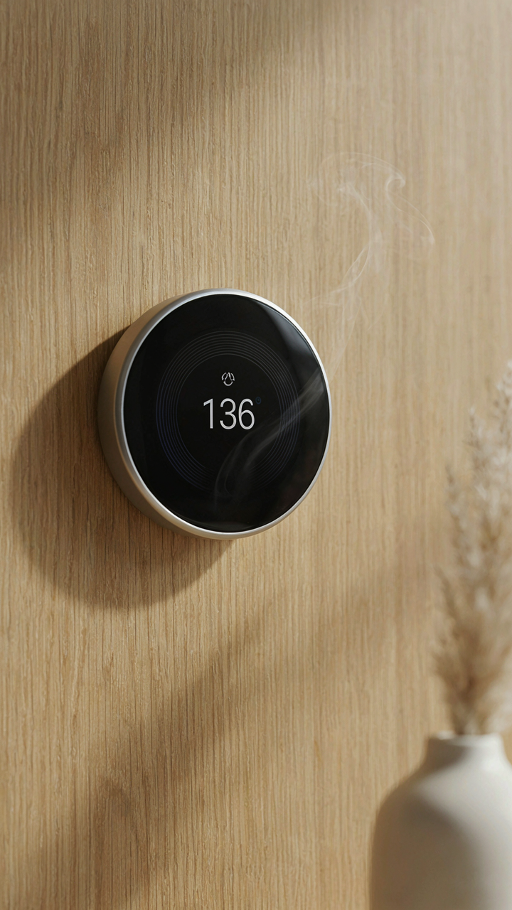A digital thermostat showing a perfect temperature for a bedroom.